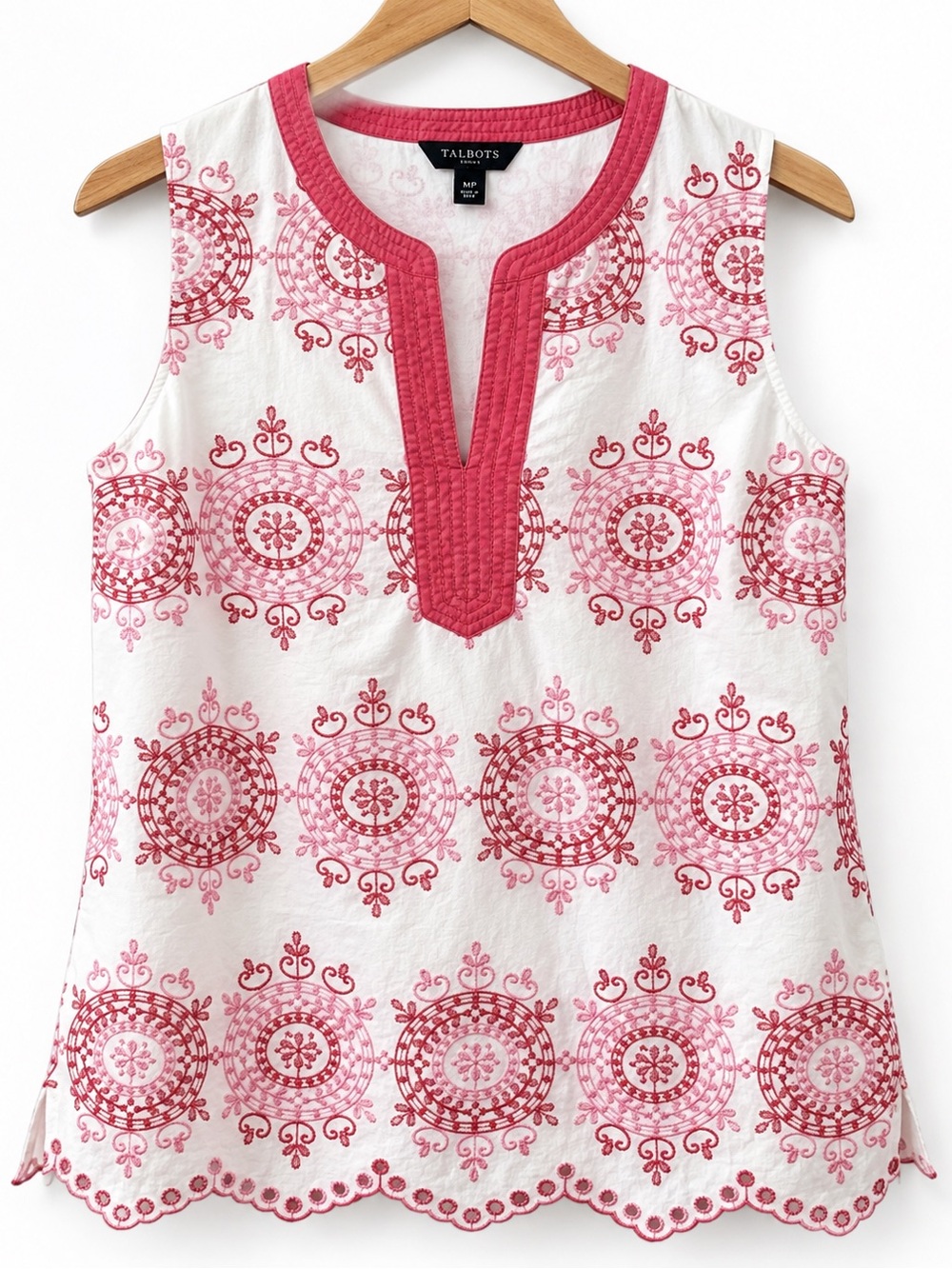 Talbots Petite Embroidered Cotton Tunic Top MP Pink White Sleeveless